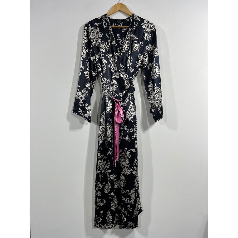 Jones NY Lounge Relaxed Navy Paisley Satin Wrap Robe Womens L XL Luxury Lounge